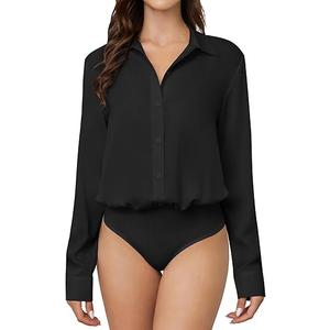 TQD Women Button Down Bodysuit Long Sleeve Collared Shirt Satin Blouse Bodysuits Tops Business Casual Office Professional
 (X-Large, Black)