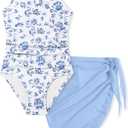 KANGKANG Girls Swimsuit Quick Dry Cut Out One Piece Swimsuits with Tropical Print Cover Up Skirt Bathing Suit Swimwear 7-18Y (13-14 Years, Light Purple Floral)