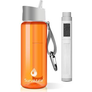 SurviMate 5-Stage 0.01m Ultra-Filtration Filtered Water Bottle, BPA-Free Material, NSF/ANSI 42&372 Certified, Portable Water Filter Bottle for Survival, Camping, Hiking, and Emergency Use (22 Ounces, Orange)