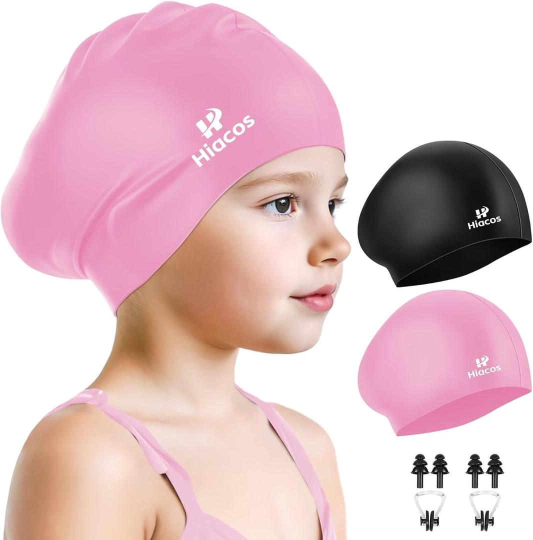 2 Pack Kids Swim Cap for Girls Boys, 2 Size Silicone Swimming Cap for Toddlers Children Teens, Waterproof Swim Hats for Long Hair to Keep Hair Dry (3t-8t, Black+Pink)