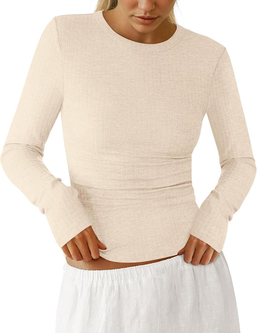 PRETTYGARDEN Womens Long Sleeve Shirts 2026 Ribbed Knit Slim Fitted Basic Tee Casual Going Out Tops Underscrubs Fall Clothing (Beige, M)