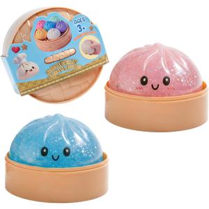 2 Pack Colorful Dumpling Squishies with Box,Glitter Mystery Squishys Dumplings Stress Relief Balls Fidget Sensory Toy,Bao Bun with Food Steamer Stretchy Desk Squeeze Toys