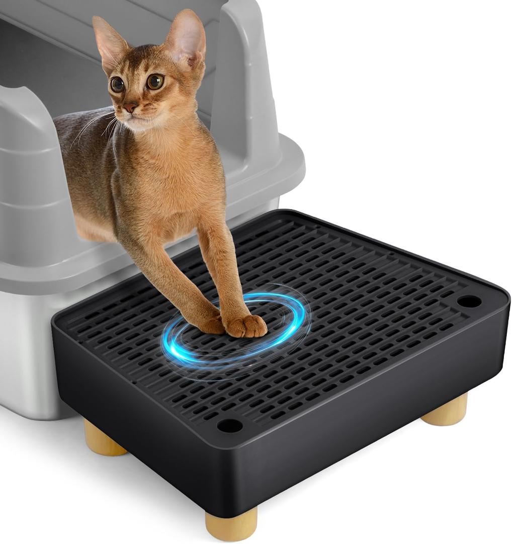 Extra Large Cat Litter Box Step Ramp, Cat's Litter Catcher Mat with Wooden Feet, Filter Function, Pedal Stool for Self-Cleaning Cat Litter Box, Ideal for Kitten & Elderly Cats (Black)