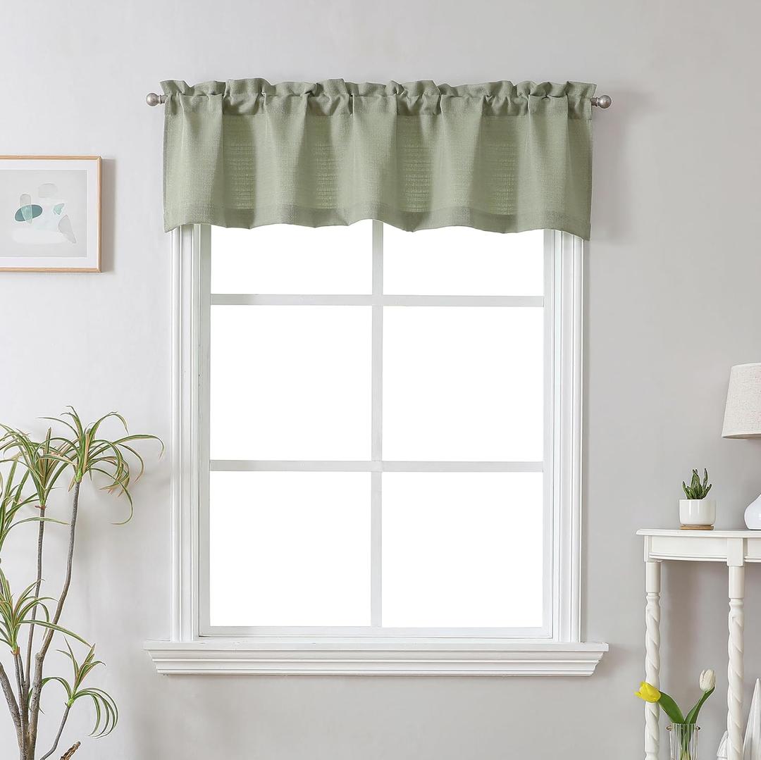 Chyhomenyc Bennet Light Green Kitchen Valance, Faux Linen Slub Textured Semi Sheer Small Window Cafe Valance for Laundry Basement, 60" Wx14 L, 1 Piece