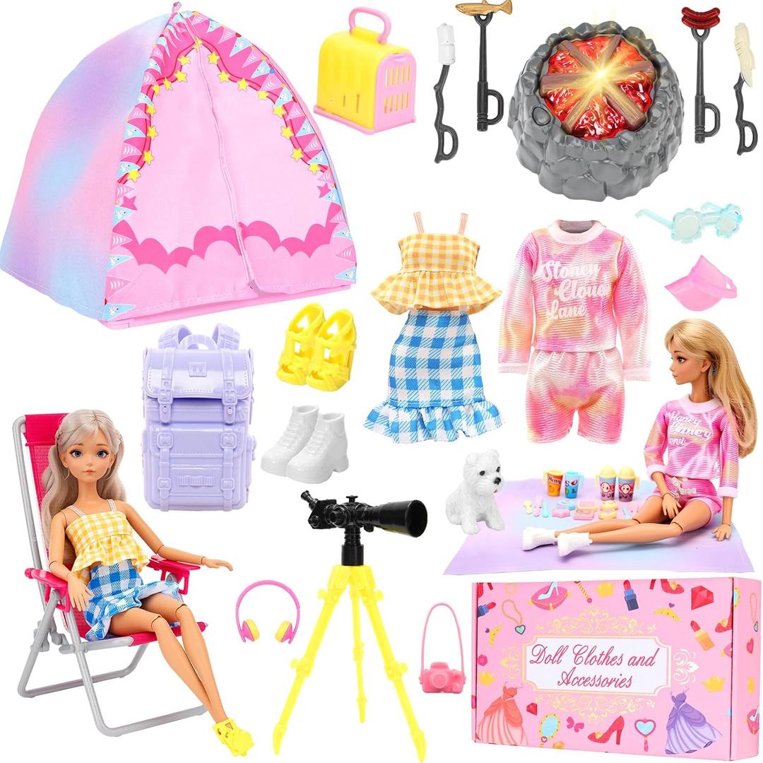 Miunana 35PCS Doll Camping Playset for 11.5" Girl Dolls - STEM Tent with Backpack, BBQ Grill & Stargazing Tools Pretend Play Outdoor Adventure Toy