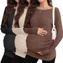 3 Pack Maternity Sweaters Long Sleeve Ribbed Maternity Shirts Lightweight Stretch Pregnancy Tops Winter Layering (Medium, Dark Brown, Apricot, Black)