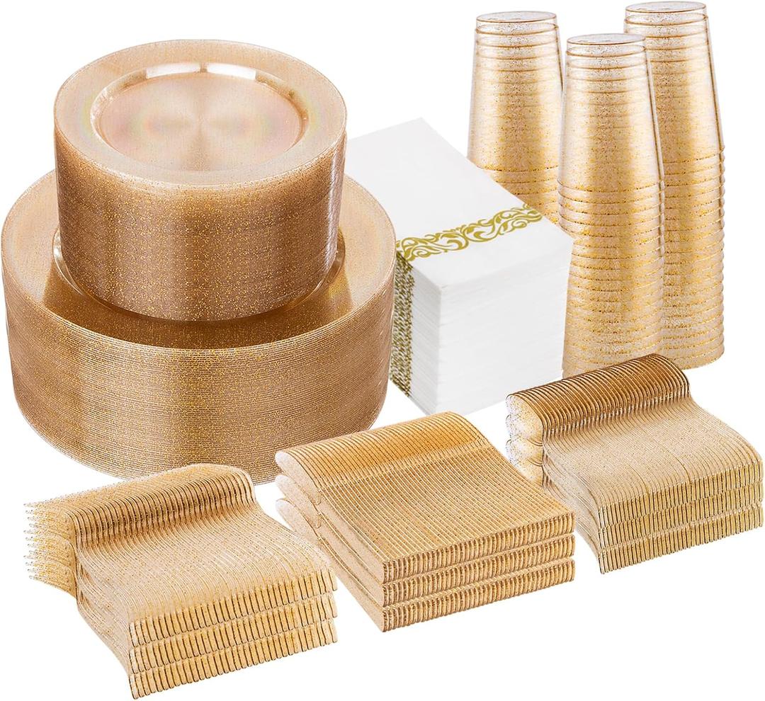 I00000 700 Pcs Gold Glitter Plastic Dinnerware Sets, Disposable Plates for Party, Include: 100 Dinner Plate,100 Dessert Plate,100 Paper Napkins, 100 Cups,100 Plastic Silverware Set