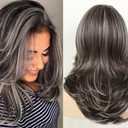 XIUFAXIRUSI XIUFAXIRUSI Long Layered Wavy Wigs for Women Synthetic Natural Hair Wig Dark Brown Mix Grey Highlights Wavy Hair Wigs Heat Resistant Synthetic Halloween Costume Wig,Dark Brown Mix Grey