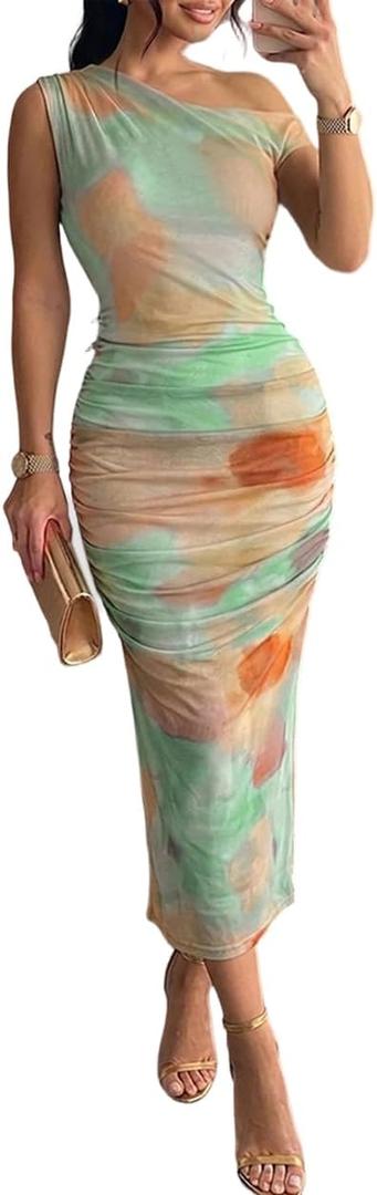 CHICME Midi Dresses for Women One Shoulder Mesh Summer Dress | Cocktail Dresses for Women, Tie-dye Ruched Mesh Bodycon Dress for Wedding Guest, Vacation, Beach, Party, Night Out