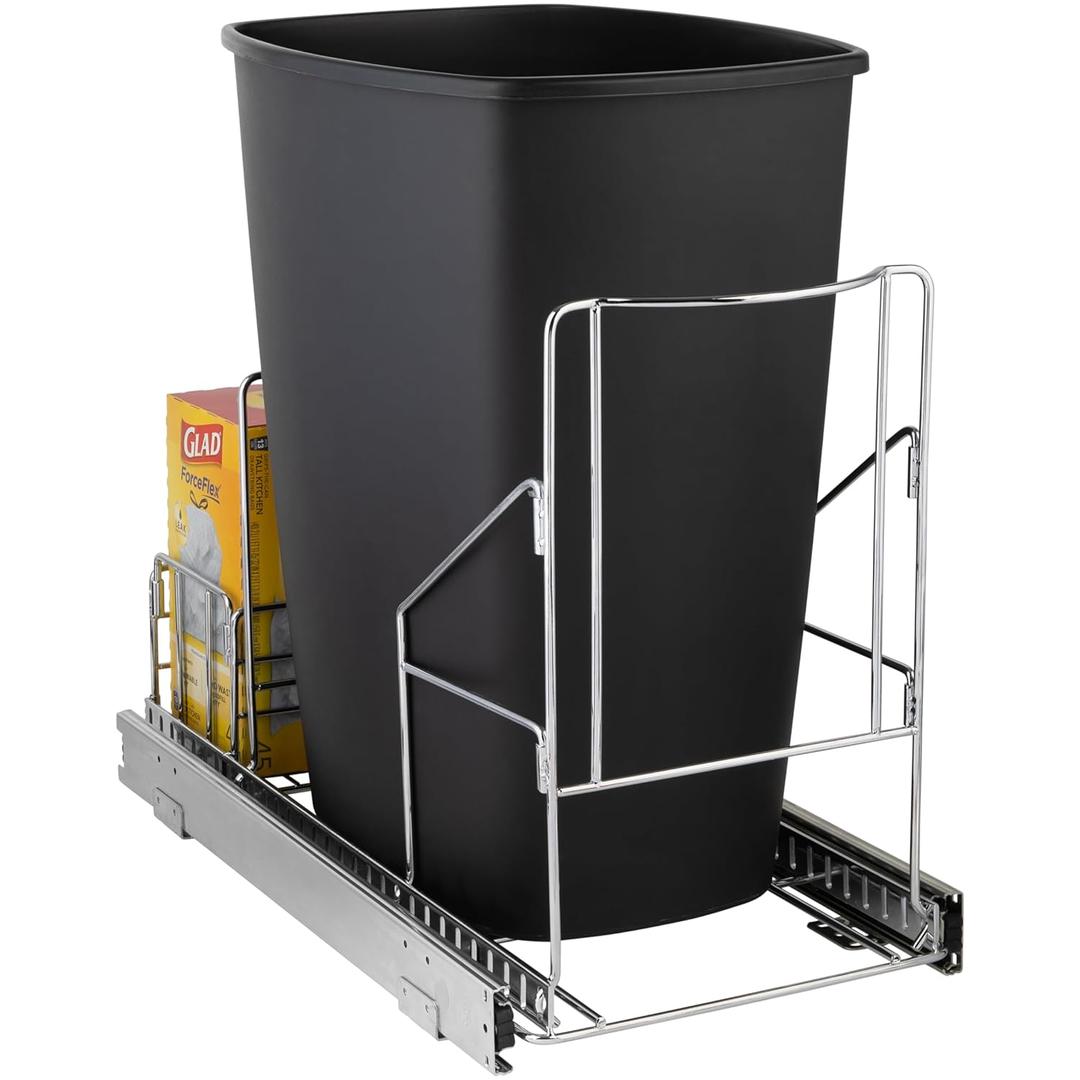 HOLDN STORAGE Pull Out Trash Can Under Cabinet - Trash Can Not Included - Dedicated Space for Disposable Trash Bags, Requires a 11 Cabinet Opening, Adjustable, Heavy Duty, Anti Rust Chrome Finish HOLDN STORAGE Pull Out Trash Can Under Cabinet - Trash Can Not Included - Dedicated Space for Disposable Trash Bags, Requires a 11 Cabinet Opening, Adjustable, Heavy Duty, Anti Rust Chrome Finish