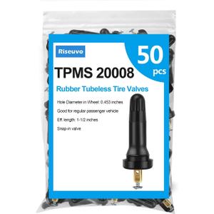 Riseuvo 50 Pcs TPMS 20008 Rubber Valve Stems - Snap-in Replacement for TPMS Sensors, Fits 0.453" Rim Hole for Cars, Trucks, SUVs