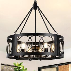 Modern Farmhouse Chandelier, 6-Light Black Chandeliers for Dining Room, 21.6'' Rustic Adjustable Pendant Lights Drum Light Fixture for Entryway Living Room Foyer Kitchen Island Bedroom, E26