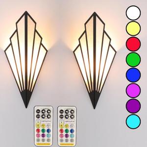 Modern Style Wall Light Set of Two,Battery Operated Wall sconces with Remote Control,Wireless Art Deco Lighting Fixture for Living Room,6 RGB Colors dimmable(with Bulbs+Remote Control+Charging Cable) (Black)