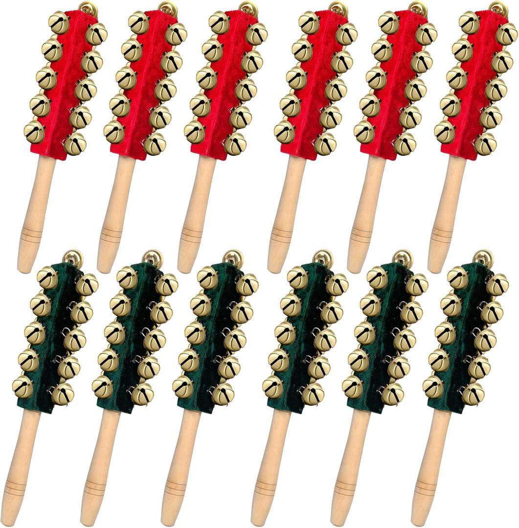 12 Pcs Christmas Hand Sleigh Bells Stick Hand Bell Instruments Wooden Handle Jingle Bells Stick Musical Instruments for Christmas Concerts PartiesWedding Birthday Party Supplies (21 Bells)
