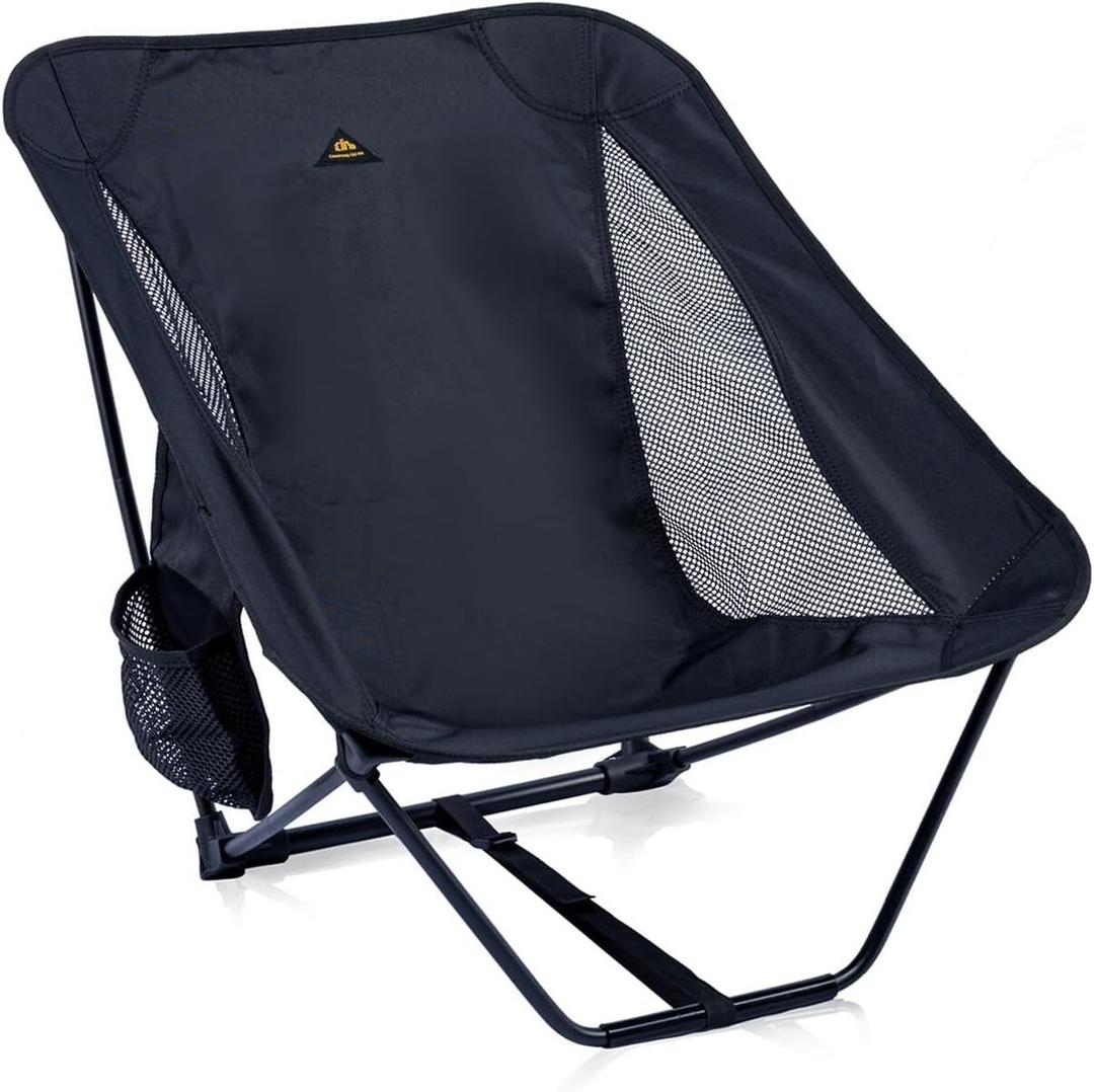 iClimb Low Ultralight Compact Camping Folding Chair with Side Pocket and Carry Bag (Black)