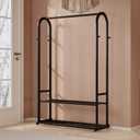 Freestanding Clothes Rack,Sturdy Metal Garment Racks for Hanging Clothes,Black Clothing Racks with bottom shelves & 6 Hooks,Multi-Functional Wardrobe Rack for Bedroom or Closet