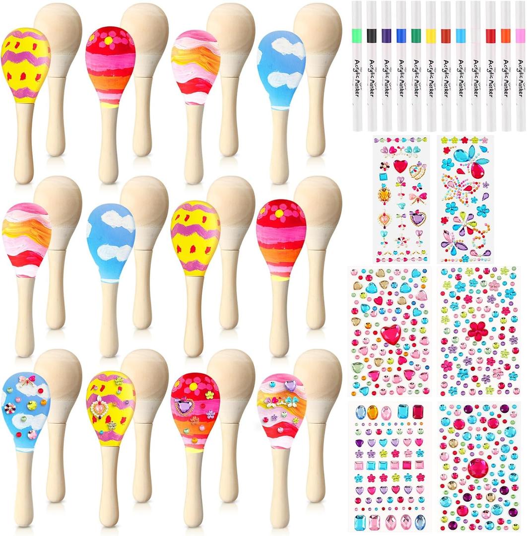 Vinsot 30 Pcs DIY Mini Wooden Maracas Colorful Painting Set Unfinished for Fiesta Party Decorations, Maracas Musical for Mexican Party Favors Cinco De Mayo Supplies