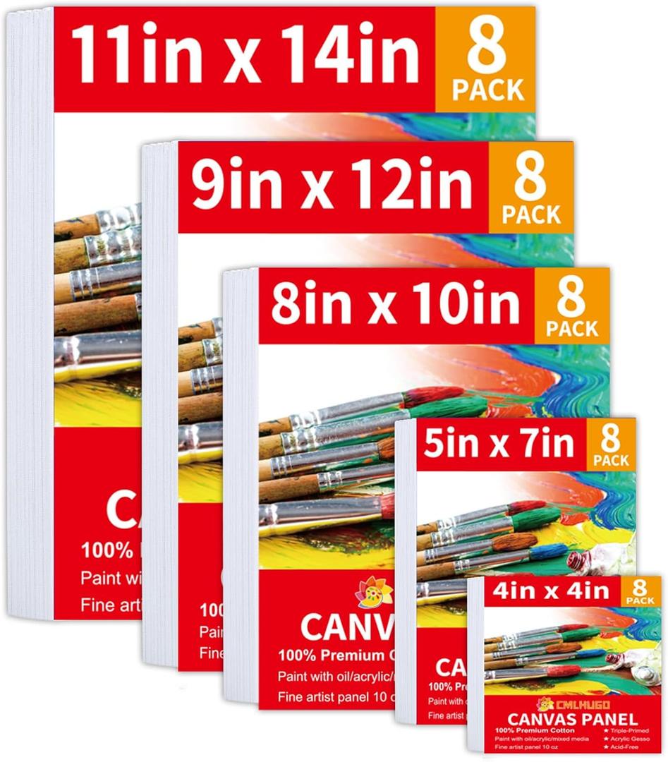 40 Pack Stretched Canvas Boards for Painting 8 of 4x4, 5X 7, 8x10, 9x12, 11x14 Art Blank Canvases, Gesso Primed 100% Cotton Canvas Panels for Acrylic Oil Watercolor Adults & Kids