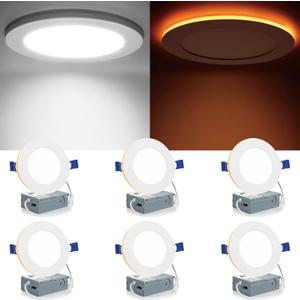 Meconard 6 Pack 4 Inch 5CCT LED Recessed Lighting with Night Light, 2700K/3000K/3500K/4000K/5000K Selectable Ultra-Thin LED Recessed Ceiling Lights, 9W=75W, 750LM, Dimmable Canless Wafer Downlight (White)