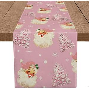 Christmas Table Runner Santa Claus Merry Christmas Tree Snowflake Pink Long Runners for Winter Xmas Home Kitchen Dining Party Decor 13 x 72 Inch