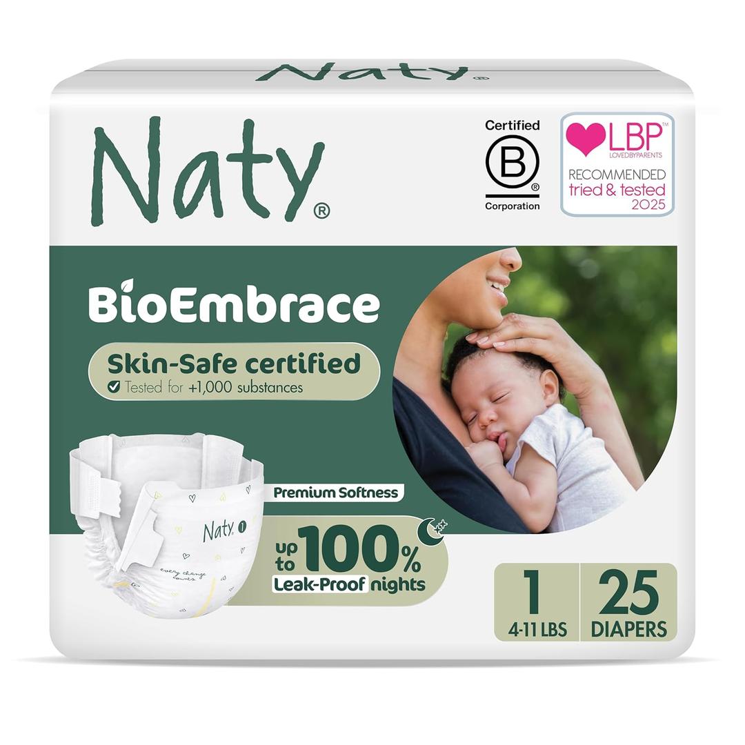 Naty BioEmbrace Baby Newborn Diapers | Sensitive Skin Safe Certified | Leak Protection up to 100% | Plant-Based Teddy Softness, Premium Comfort | Chlorine-Free | Size 1 (411 lbs), 25 Count