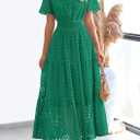 PRETTYGARDEN Womens 2026 Summer Maxi Dress Short Sleeve V Neck Hollow Out Eyelet A Line Long Flowy Beach Vacation Dresses (Green, L)
