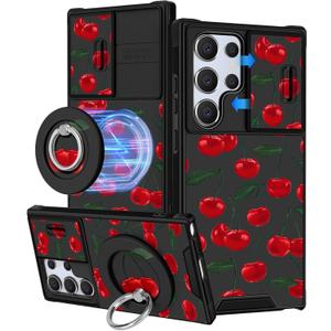 Buleens for Samsung Galaxy S25 Ultra Case - with Ring Stand & Camera Cover Aesthetic Cute Designed for Women Girls Girly Pretty Kawaii Cherry for Samsung S25 Ultra Phone Case Compatible with Magsafe