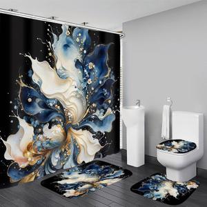 AZHM 4pcs Shower Curtain Sets Abstract Blue Bathroom Decor Sets with Shower Curtain and Rugs and Accessories Modern Marble Shower Curtains for Bathroom with 12 Hooks, Bath Mat, Toilet Lid Cover