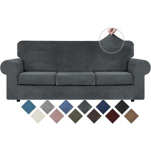 WEERRW 4 Pieces Velvet High Stretch Couch Covers for 3 Cushion Sofa Slipcovers, Washable Furniture Protector with Non Slip Elastic Bottom, Feature Soft and Thick Plush Fabric, Dark Grey, Large