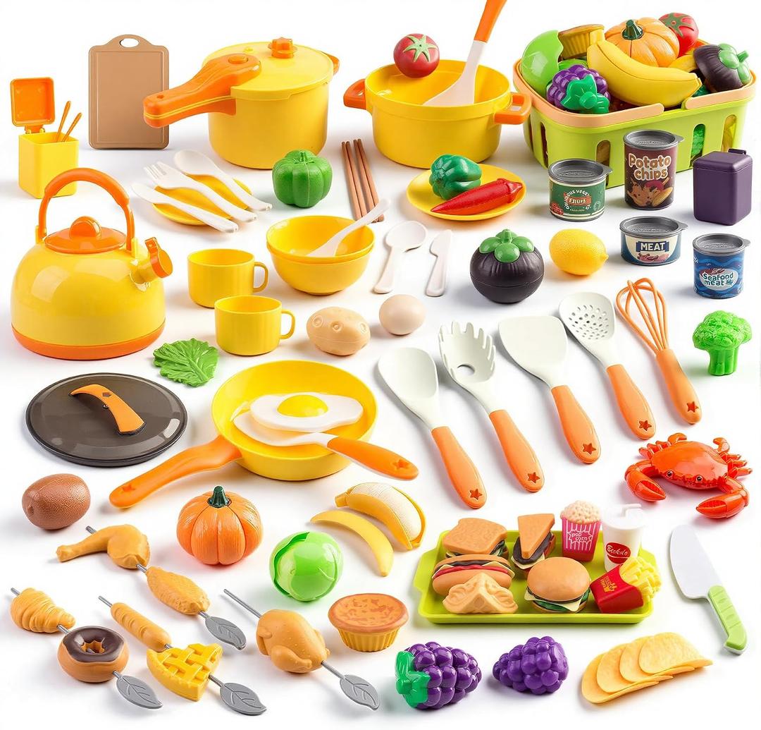 120Pcs Mini Play Kitchen Accessories, Kids Pretend Cooking Playset with Desserts, Cuttable Veggies & BBQ & Storage Basket, Educational Role-Play Gift for Toddlers, Child, Yellow
