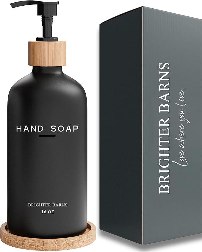 Black Glass Hand Soap Dispenser Bathroom Set by Brighter Barns - Bathroom Soap Dispenser Set with Tray - Glass Pump Bottle - Luxury Bathroom Accessories for Hotel, Vacation Rental, Restaurants (Black)