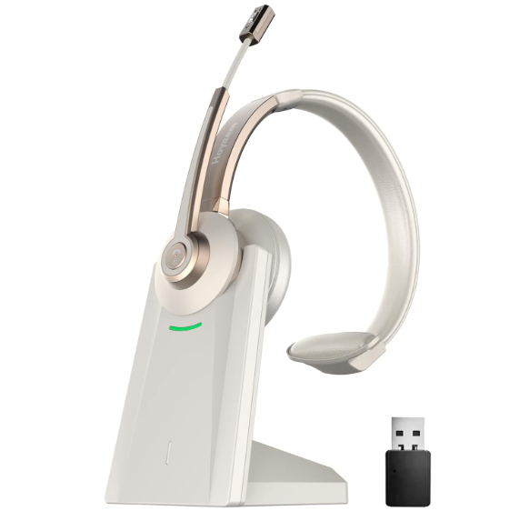 Bluetooth Headset, Wireless Headphones with Microphone Noise Canceling & USB Dongle, V5.0 Trucker Bluetooth Headset with Mic Mute & Charge Dock for PC/Laptop/Phone/Meeting/CallCenter/Office Gold