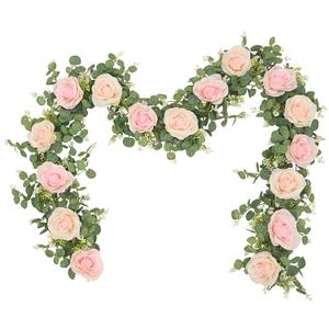 Dolicer 2Pcs 13Ft Artificial Eucalyptus Garlands with Flowers - 8 Roses, Faux Floral Greenery Garlands Fake Flowers Vines for Wedding Table Centerpieces Arch Party Ceremony Backdrop Decor (Pink)