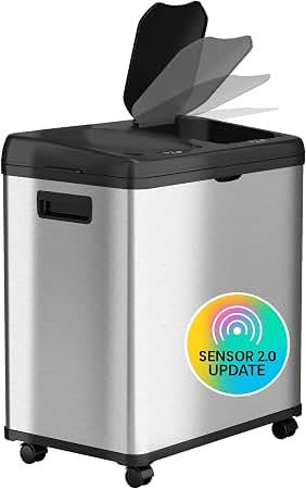 iTouchless 16 Gallon Sensor 2.0 Technology Dual Compartment Kitchen Trash Can and Recycle Bin with Wheels, Stainless Steel Automatic 8 Gallon Per Side for Home Office Store Business