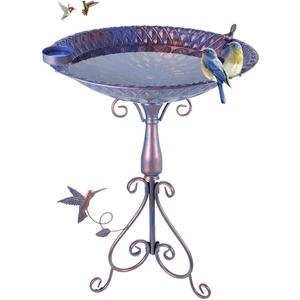 DREAMSOUL 20" Large Bird Bath with Stand, 4" Deep Bird Baths for Outdoors with Peacock Feather Pattern Metal Purple Birdbath for Lawn Patio Decor