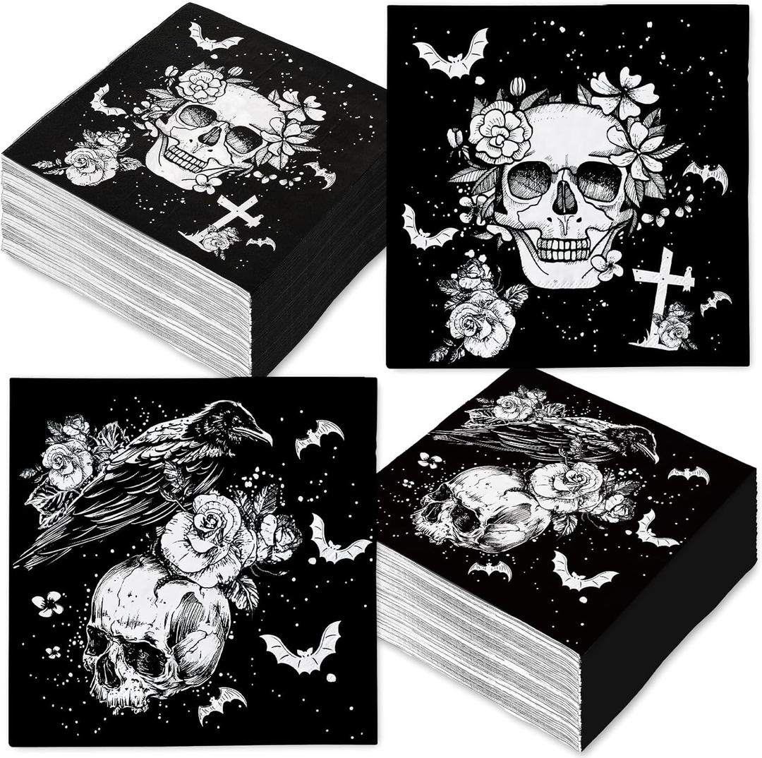 2 x 100Pcs Halloween Paper Napkin Skull Rose Crow Disposable Luncheon Napkin Double-Sided White Black Dinner Napkin for Home Party Table Decor