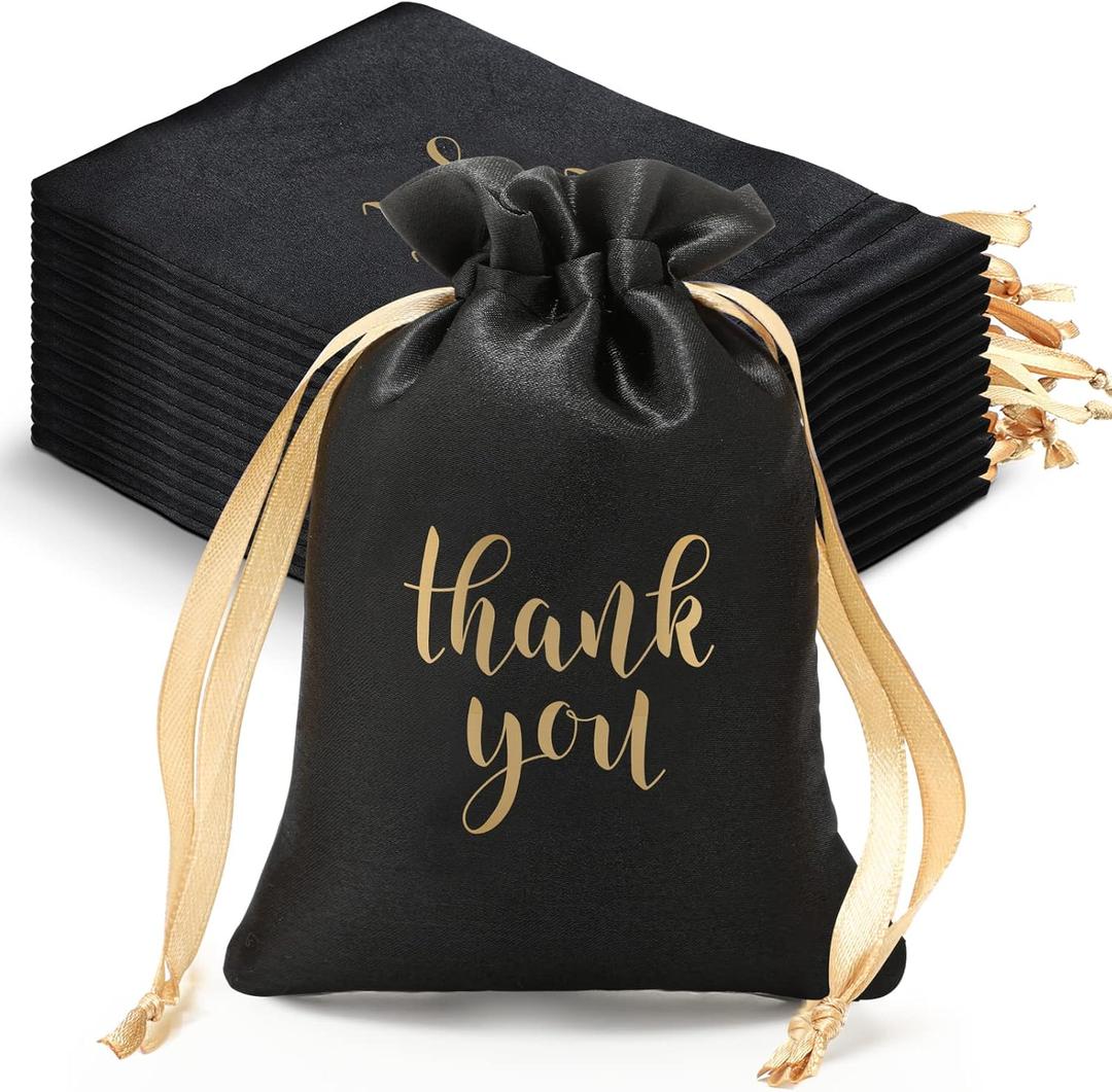 Sieral 50 Pcs Thank You Satin Gift Bags with Drawstring Jewelry Candy Pouches for Valentines Easter Wedding Baby Shower Birthday Holiday Party Thank You Bag for Gift Wrap(Black, Gold,5 x 7 Inch)