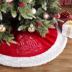 Christmas Tree Skirt, 48 32 Inches, Red Velvet with Deer Merry Christmas Embroidery, for Xmas Holiday Decorations Christmas Decor (32 inches) (Burgundy)