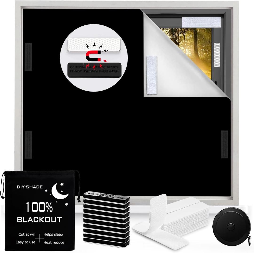100% Blackout Curtain Window Cover for Bedroom 57x79Inch,No Drill Magnetic Blackout Blinds,DIY Cut Black Out Curtains for Nursery Bedroom,Media Room RV with Hook Loop Tape+Magnet Closure
