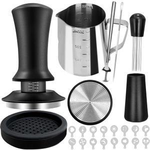 22 PCS Coffee Tamper Set, Espresso Accessories Barista Kit, with 51mm Espresso Tamper, WDT Tool, Frothing Pitcher(350 ml), Latte Art Pen, Coffee Stirrer, Tamper Mat, 16 Coffee Stencils (Black2)