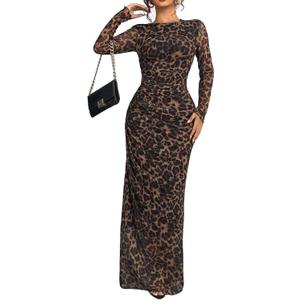 Women's Long Sleeves Maxi Bodycon Dress Tie Dye Ruched Mesh Layer Prom Formal Wedding Elegant Dresses (Medium, Leopard Print)