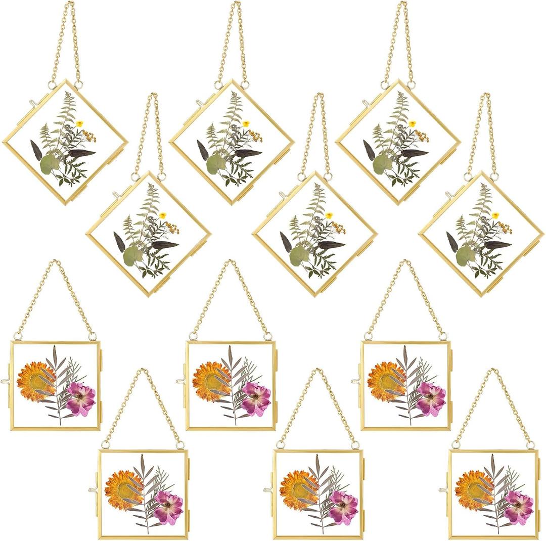 DoubleFill 12 Pcs Hanging Clear Photo Frame Double Glass for Pressed Flower Floating Frame with Chain Display Gallery Artwork Horizontal Vertical Gold Metal Rectangle Wall Decor(4 x 4 Inch)