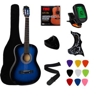 YMC 38" Blue Beginner Acoustic Guitar Starter Package Student Guitar with Gig Bag,Strap, 3 thickness 9 Picks,2 Pickguards,Pick Holder, Extra Strings, Electronic Tuner -Blue
