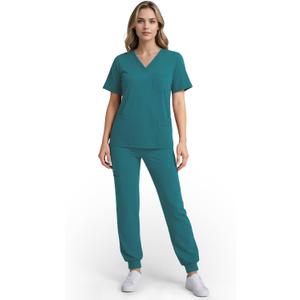 Scrubs for Women Set, Stretchy V-Neck Top & Jogger Pants with Multi-Pocket Yoga Waistband (XX-Large, Green)