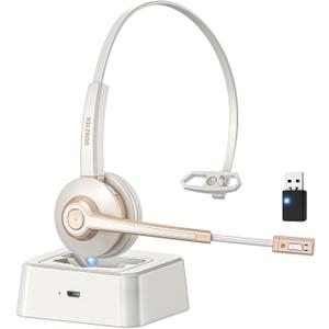 Bluetooth Headset with Microphone,Wireless Headset V5.2 with AI Noise Canceling Mic&USB Dongle, Wireless Headphones with Charging Base and Mute Function for Computer/Phone/Office/Skype (White Gold)