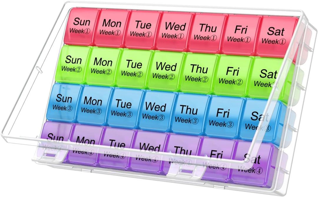 Large Monthly Pill Organizer 28 Day Case Organizerd Extra Large Compartments 4 Week Dust-Proof Pill Case Medication Reminder Portable Travel Container (Red-Green-Blue-Purple)
