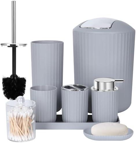 FEILANDUO Bathroom Accessories Sets Complete, 8 Pcs Bathroom Accessory Set with Trash Can, Soap Dispenser, Soap Dish, Toothbrush Holder,Toothbrush Cup,Toilet Brush and Qtip Holders,Vanity Tray (Gray)