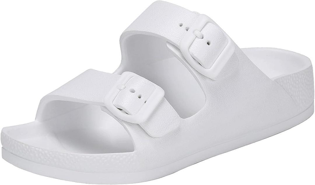 Kids Slides Sandals Boys Girls Toddler Double Buckle Water Shoes Shower Slippers for Summer Beach Pool Indoor Outdoor (White)