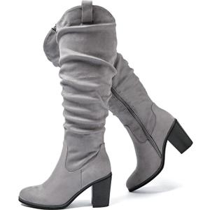 Luoika Women's Extra Wide Calf Cowboy Knee High Boots, Wide Width Cowgirl Slouchy Boots Chunky Pump Heel Plus Size Western Boot,(Grey 702), Size 10,5 