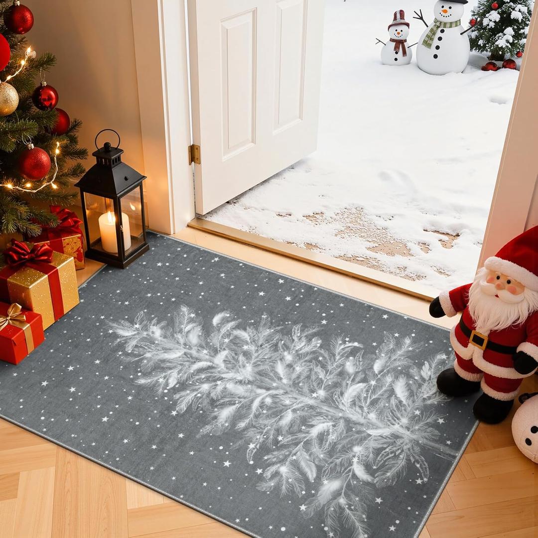 Lahome Christmas Kitchen Rug 2x3 Non-Slip Entryway Rugs Indoor,Washable Small Rug Throw Soft for Bathroom, Christmas Tree Print Snowflake Holiday Decor Grey Front Door Carpet for Entrance Kitchen Sink